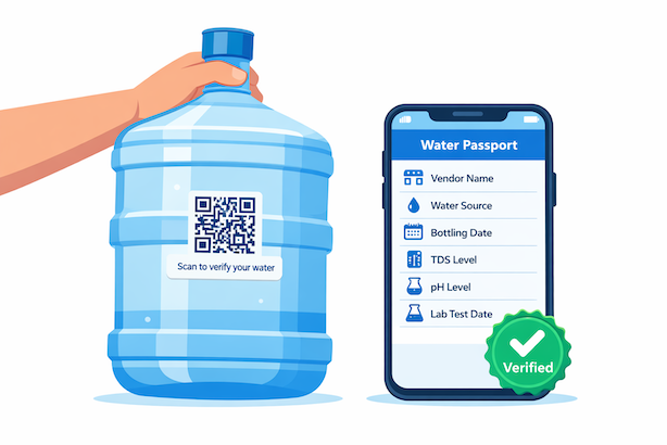 MiMaji QR code Water Passport showing vendor, source, lab results, and KEBS certification